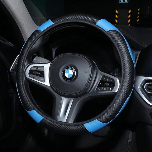 Steering Wheel Cover, 15 Inch Black Blue Carbon Fiber Leather Anti-Slip Protector Universal 38cm Breathable Steering Wheel Accessories for Men Women Automotive Interior Decoration in Kuwait