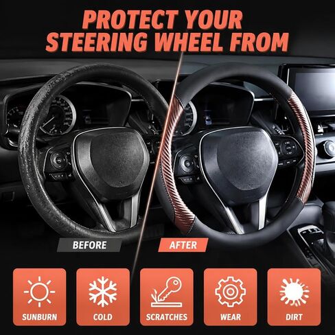 Brown Steering Wheel Cover - Carbon Fiber Texture and Premium Perforated Leather Sport Wrap with Odorless Rubber Non-Slip Inner, Universal Fit for Cars Trucks SUVS - 15 Inch (Brown) in Saudi Arabia