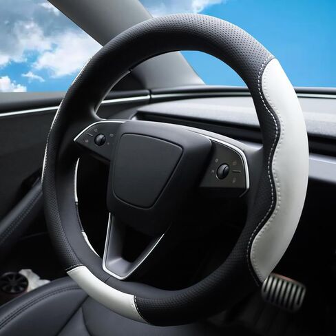 Steering Wheel Cover Custom Fit for Tesla Model 3/Y Juniper Highland 2016-2025 2026 Accessories, Fashionable Microfiber Leather Steering Wheel Protector for Tesla Model 3/Y, Black White in Saudi Arabia