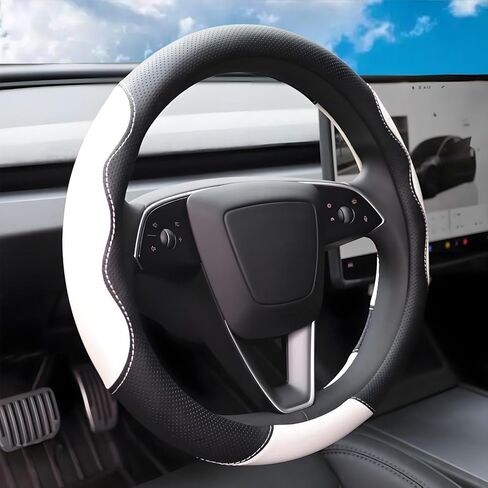 Steering Wheel Cover Custom Fit for Tesla Model 3/Y Juniper Highland 2016-2025 2026 Accessories, Fashionable Microfiber Leather Steering Wheel Protector for Tesla Model 3/Y, Black White in Saudi Arabia