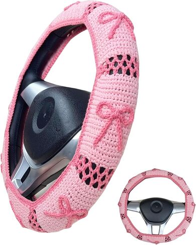 Asolire Handmade Crochet Pink Bow Granny Square Car Steering Wheel Covers Universal 14-15 inch for Women and Men(Steer Wheel Cover) in Kuwait