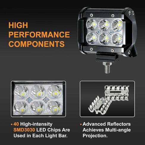 LED Light Bar 2PCS 36W 4 Inch Flood Spot Combo LED Work Light Pods Triple Row Work Driving Lamp with 12 ft Wiring Harness kit - 2 Leads in Saudi Arabia