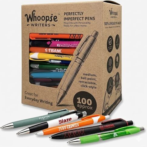 Whoopsie Writers Misprint Pens – 100 Pack Bulk Retractable Ballpoint Pens, Black & Blue Ink, Smooth Writing, Assorted Logo Errors, Office, Restaurants, School & Everyday Use in Kuwait