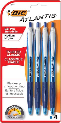 BIC Atlantis Ballpoint Pens, Retractable, Medium Point, Blue Ink, 4 Pack in Kuwait