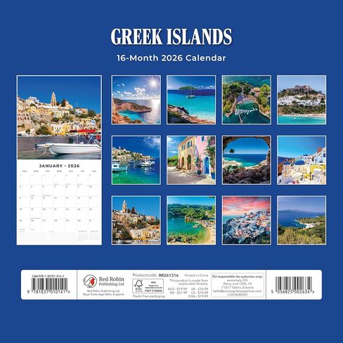 Red Robin 2026 Greek Islands Monthly Wall Calendar | 12" x 24" Open | Premium Thick & Sturdy Paper | Hangable 12 Month Calendar | Lined Notes & To Do Area | Vivid Images | Plastic Free in Kuwait