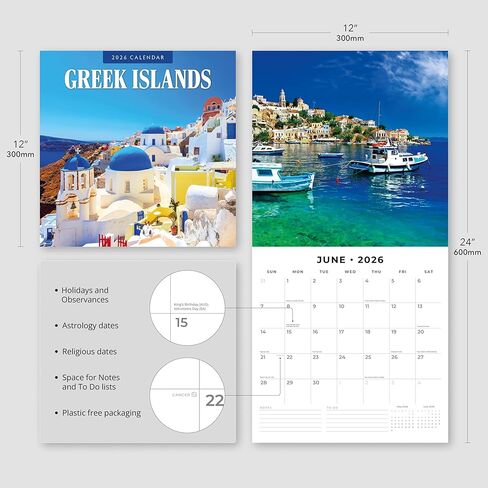 Red Robin 2026 Greek Islands Monthly Wall Calendar | 12" x 24" Open | Premium Thick & Sturdy Paper | Hangable 12 Month Calendar | Lined Notes & To Do Area | Vivid Images | Plastic Free in Kuwait