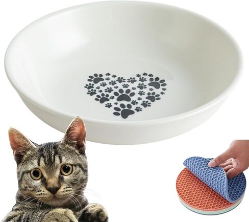 6PCS Whisker Fatigue Ceramic Cat Dishes - 5.5" Shallow Cat Food Bowl, Cute Kitten Plates for Wet Food, Whisker-Friendly, Non-Slip, Wide, White, Heart & Claw Pattern in Saudi Arabia