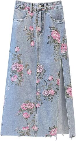 ebossy Women's Summer High Waist Side Slit Long Jean Skirts Floral Print Bodycon Pencil Skirt with Pockets in Saudi Arabia