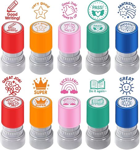 10PCS Round Teacher Stamps for Classroom-No Ink, Self-Inking Rubber Stamp for Grading Homework Behavior Stamp for Office Stationery Cute Encouraging Comments Reward Supplies in Kuwait