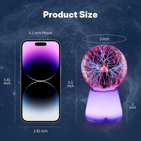 Plasma Ball Lamp 3-Inch, Touch Reactive Lightning Globe, USB-C Powered Electric Plasma Ball, 7-Color LED Base Night Light, Interactive STEM Science Toy, Desk Decor Gift in Kuwait