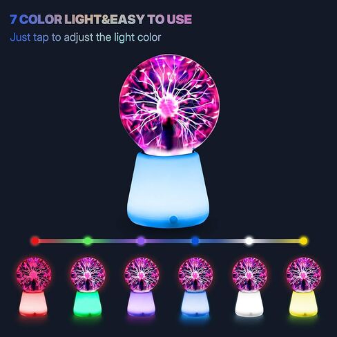 Plasma Ball Lamp 3-Inch, Touch Reactive Lightning Globe, USB-C Powered Electric Plasma Ball, 7-Color LED Base Night Light, Interactive STEM Science Toy, Desk Decor Gift in Kuwait
