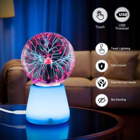 Plasma Ball Lamp 3-Inch, Touch Reactive Lightning Globe, USB-C Powered Electric Plasma Ball, 7-Color LED Base Night Light, Interactive STEM Science Toy, Desk Decor Gift in Kuwait