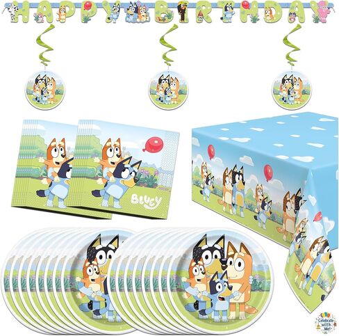 Unique Bluey Party Supplies | Swirl Decor Party Pack | Serves 16 | Officially Licensed | Plates, Napkins, Table Cover, Banner, Hanging Swirls | Birthday Decor For Kids, Photo Backdrops in Kuwait