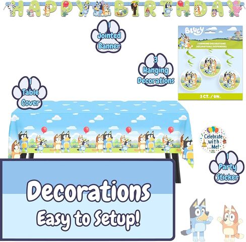 Unique Bluey Party Supplies | Swirl Decor Party Pack | Serves 16 | Officially Licensed | Plates, Napkins, Table Cover, Banner, Hanging Swirls | Birthday Decor For Kids, Photo Backdrops in Kuwait