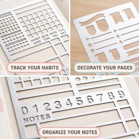 3PCS Metal Journal Stencils, Stencils for Painting Set, Reusable for Bullet Journaling, Planning, and Creative Projects in Saudi Arabia