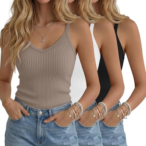 3 Pack Women's Ribbed Tank Tops Spaghetti Strap V Neck Slim Fit Cotton Camisole Knit Basic Sleeveless Camis Shirts in Saudi Arabia