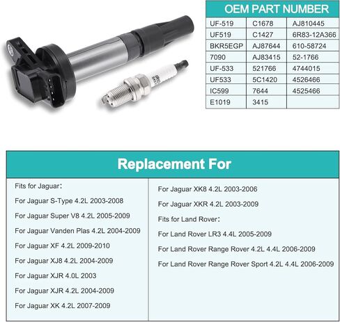 AULINK UF519 Ignition Coil Pack 8PCS & BKR5EGP Spark Plugs 4.0L 4.2L 4.4L For Jaguar S-Type Super Vanden Plas XF XJ8 XJR XK XK8 XKR,For Land Rover LR3 Range Rover Sport 2003-2010, E1019 5C1420 in Kuwait