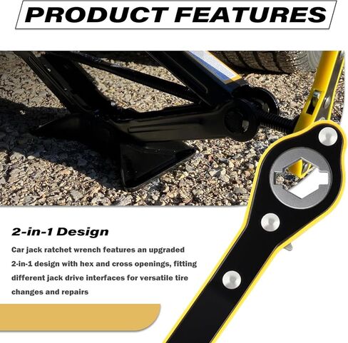2 in 1 Car Jack Ratchet Wrench with Hexagonal & Cross,Labor-Saving 360° Swivel Scissor Jack Handle with Longer Handle,Portable Car Tire Wheel Lug Wrench Automotive Tools in Kuwait