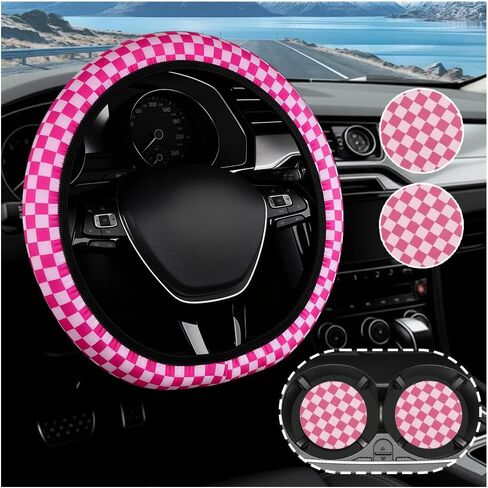 Checkered Steering Wheel Cover with 2PCS Car Cup Coasters,Anti-Slip Car Steering Wheel Cover for Protection & Decoration,14.17"-14.96" Cars Wheels Covers Checkered Cars Accessories in Saudi Arabia