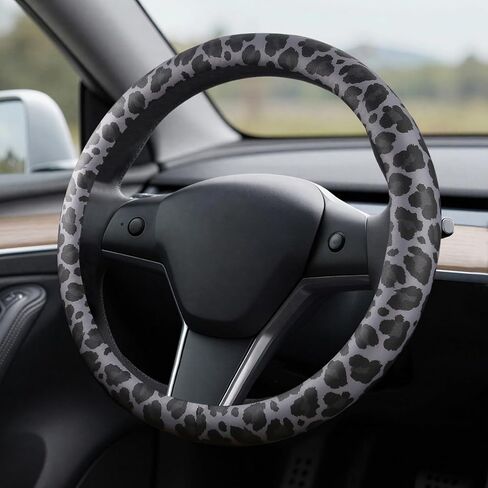 Custom Steering Wheel Cover Fit for Tesla Model Y/3, Non-Toxic, Odorless Silicone Leather with Non-Fading Leopard Print for Men Women, Cheetah Pattern Car Accessories (Black Leopard) in Saudi Arabia