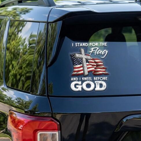 Christian Cross US Flag Car Decal – I Stand for the Flag and Kneel Before God Sticker, Patriotic Religious Vinyl Window Decal for Car Truck SUV Bumper Laptop Mirror, Waterproof – 6.2 x 4.7 Inch in Kuwait