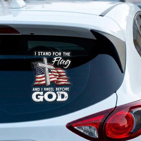 Christian Cross US Flag Car Decal – I Stand for the Flag and Kneel Before God Sticker, Patriotic Religious Vinyl Window Decal for Car Truck SUV Bumper Laptop Mirror, Waterproof – 6.2 x 4.7 Inch in Kuwait