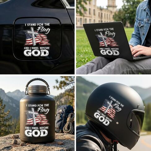 Christian Cross US Flag Car Decal – I Stand for the Flag and Kneel Before God Sticker, Patriotic Religious Vinyl Window Decal for Car Truck SUV Bumper Laptop Mirror, Waterproof – 6.2 x 4.7 Inch in Kuwait