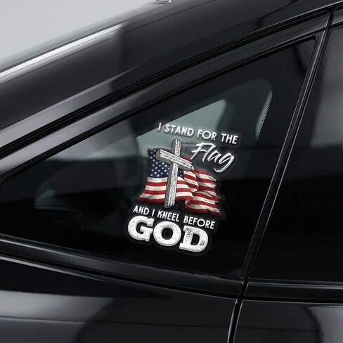 Christian Cross US Flag Car Decal – I Stand for the Flag and Kneel Before God Sticker, Patriotic Religious Vinyl Window Decal for Car Truck SUV Bumper Laptop Mirror, Waterproof – 6.2 x 4.7 Inch in Kuwait