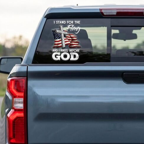Christian Cross US Flag Car Decal – I Stand for the Flag and Kneel Before God Sticker, Patriotic Religious Vinyl Window Decal for Car Truck SUV Bumper Laptop Mirror, Waterproof – 6.2 x 4.7 Inch in Kuwait