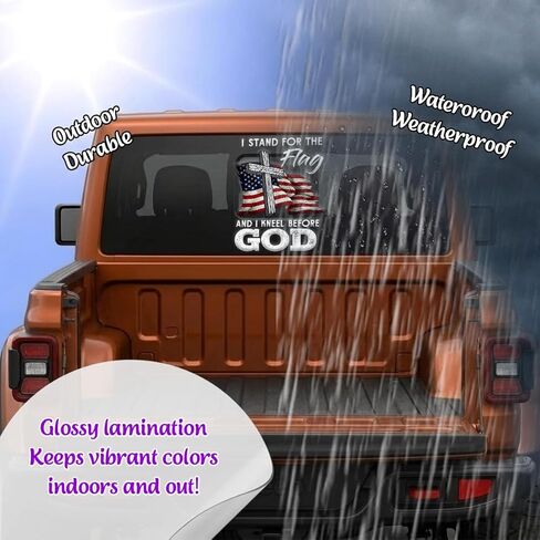 Christian Cross US Flag Car Decal – I Stand for the Flag and Kneel Before God Sticker, Patriotic Religious Vinyl Window Decal for Car Truck SUV Bumper Laptop Mirror, Waterproof – 6.2 x 4.7 Inch in Kuwait
