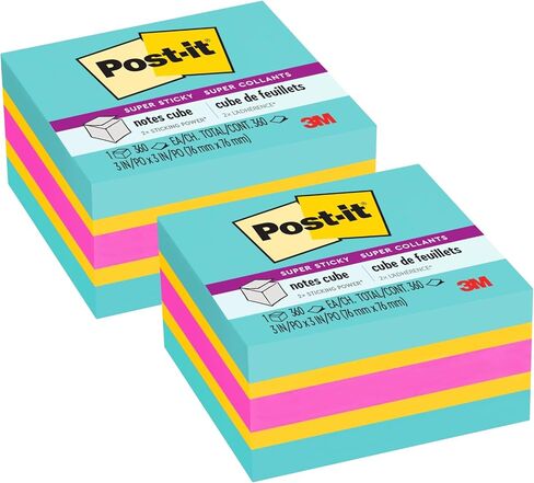 Post-it Super Sticky Notes Cube, 3 in. x 3 in., 2 Sticky Notes Pads, 720 Sheets, Bright Colors, Aqua Splash, Sunnyside, and Power Pink in Kuwait