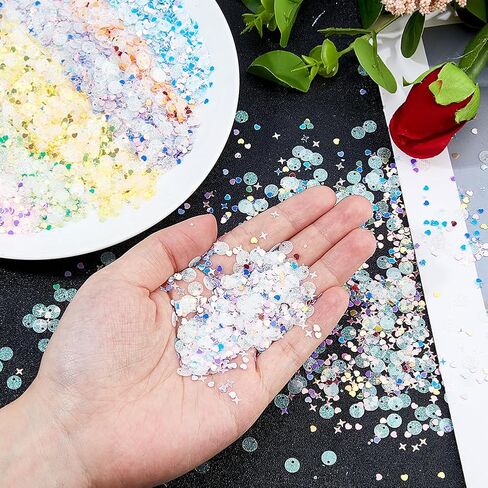 DICOSMETIC 120G 6 Colors Plastic Craft Sequins Crispy Bingsu Beads Holographic Chunky Glitter Iridescent Sequins for Slime 3D Heart Star Glitter Assortment Slime Microbeads Supplies Nail Art Sequin in Kuwait