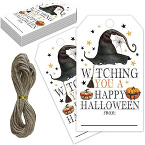 Black Halloween Paper Gift Tags with String-50Pcs, Happy Halloween Cute Ghost Boo Tags for Goodie Bags, 2 x 3.5 Inch Writable Waterproof Hanging Labels for Decor Party Supplies, Gift Wrapping-B09 in Saudi Arabia