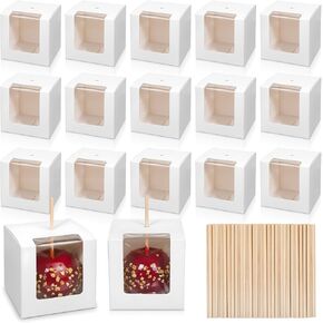 Kegeeei 50 Pack Candy Apple Boxes with Holes and Sticks, 4x4x4 Inch Caramel Apple Gift Boxes with Clear Window, Favor Box for Wedding Christmas Party, White in Saudi Arabia