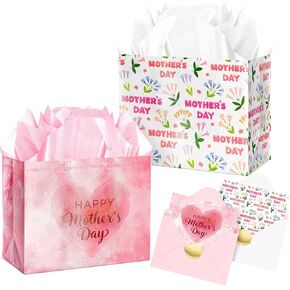 XiaosRen 2Pcs Large Happy Mother's Day Bags with Card and Tissue Paper, Reusable Non-Woven Gift Bags with Handles for Mother's Day Party Supplies. in Saudi Arabia