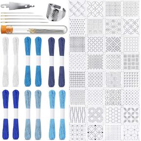 Boocalny 58 Pcs Sashiko Thread Kit, 32 Plastic Sashiko Stencil, 12 Skeins Blue Sashiko Thread,12 Sashiko Needles,Thimble, Needle Threader, Embroidery Pattern Projects for Hand Quilting and Embroidery in Saudi Arabia