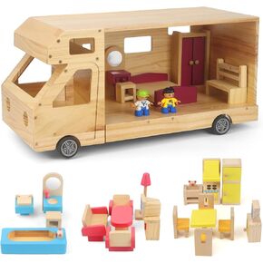 RV Camper Dollhouse for Kids, Wooden Rolling Motorhome with Full Furniture Set, Travel Doll House Toy with Miniature Rooms for Boys & Girls, Pretend Play Adventure Home in Saudi Arabia
