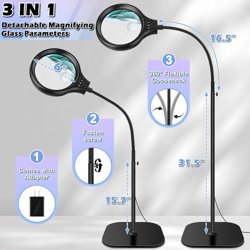 10X 30X Large Floor Magnifying Glass with Light and Stand,36 LED Flexible Gooseneck Floor Magnifying Lamp, Lighted Magnifiers for Reading,Sewing,Crafts,Painting,DIY,Close Work,Repair in Kuwait
