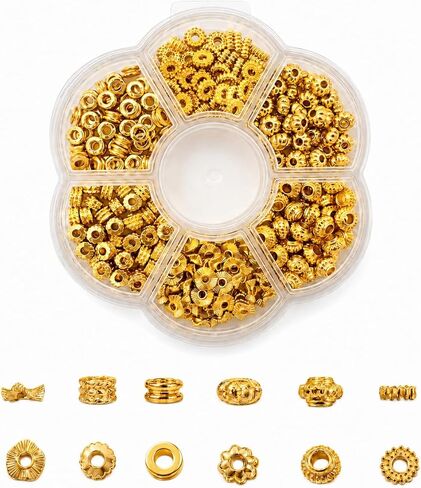 300 Pcs Gold Spacer Beads for Jewelry Making Supplies, 6 Styles Gold Beads for Jewelry Making, Metal Bead Spacers, Flower Rondelle Flat Disc Loose Beads for Bracelets Necklaces Earrings DIY Crafts in Saudi Arabia