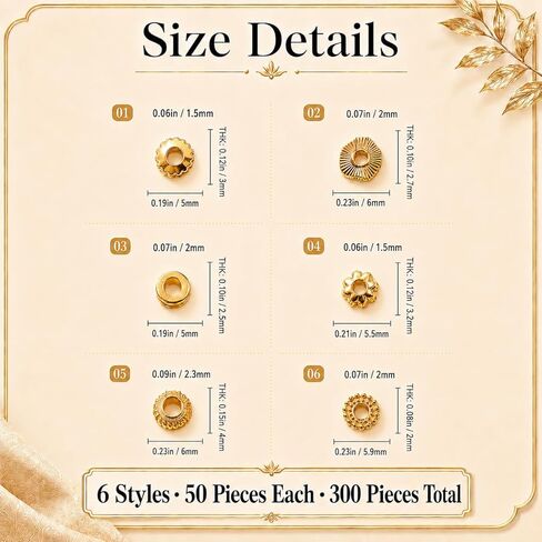 300 Pcs Gold Spacer Beads for Jewelry Making Supplies, 6 Styles Gold Beads for Jewelry Making, Metal Bead Spacers, Flower Rondelle Flat Disc Loose Beads for Bracelets Necklaces Earrings DIY Crafts in Saudi Arabia