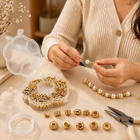 300 Pcs Gold Spacer Beads for Jewelry Making Supplies, 6 Styles Gold Beads for Jewelry Making, Metal Bead Spacers, Flower Rondelle Flat Disc Loose Beads for Bracelets Necklaces Earrings DIY Crafts in Saudi Arabia