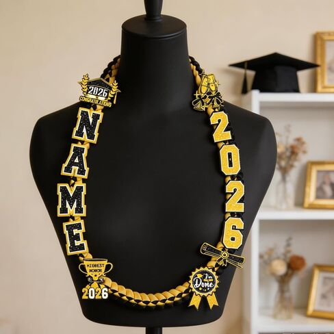 Graduation Lei Class of 2026 - Black Gold Graduation Lei 2026, Double Braided Ribbon Leis with Grad Letters Pattern, High School College Congrats Grad Gifts Party Supplies in Saudi Arabia