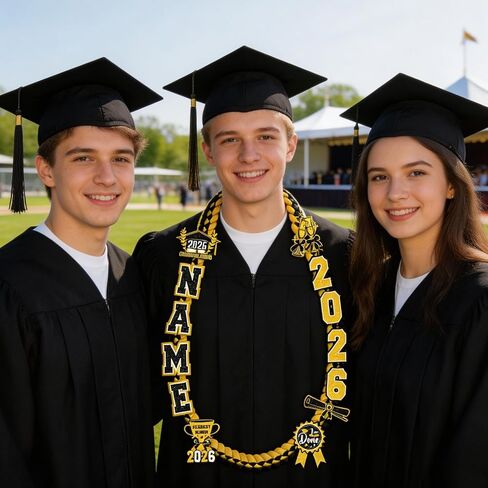 Graduation Lei Class of 2026 - Black Gold Graduation Lei 2026, Double Braided Ribbon Leis with Grad Letters Pattern, High School College Congrats Grad Gifts Party Supplies in Saudi Arabia