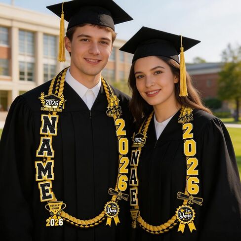 Graduation Lei Class of 2026 - Black Gold Graduation Lei 2026, Double Braided Ribbon Leis with Grad Letters Pattern, High School College Congrats Grad Gifts Party Supplies in Saudi Arabia