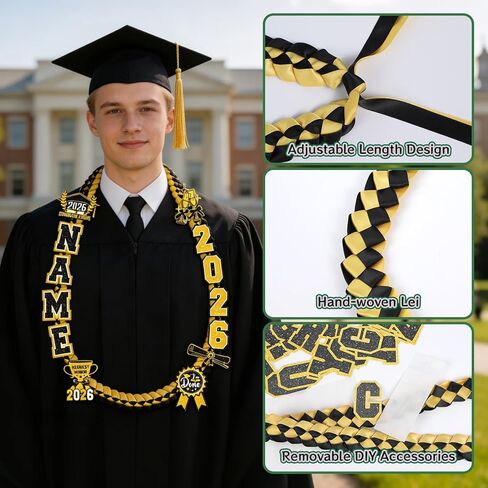 Graduation Lei Class of 2026 - Black Gold Graduation Lei 2026, Double Braided Ribbon Leis with Grad Letters Pattern, High School College Congrats Grad Gifts Party Supplies in Saudi Arabia