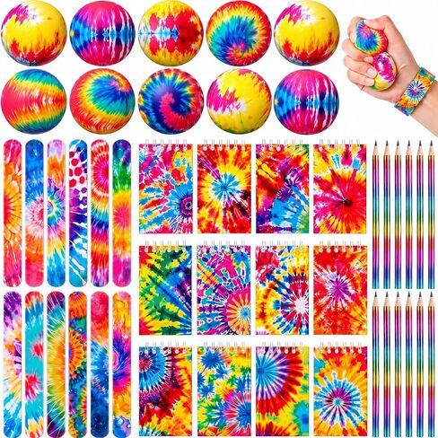 Libima 12 Set Tie Dye Party Favors Set - Mini Spiral Notebooks with Pencils & Slap Bracelets Class Prizes, Stress Balls for Adults Office Anxiety Relief, Rainbow Birthday Supplies, Goodie Bag Fillers in Kuwait