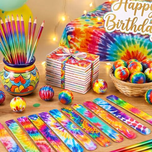 Libima 12 Set Tie Dye Party Favors Set - Mini Spiral Notebooks with Pencils & Slap Bracelets Class Prizes, Stress Balls for Adults Office Anxiety Relief, Rainbow Birthday Supplies, Goodie Bag Fillers in Kuwait