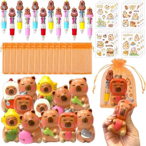 Capybara Party Favor Gift Set - Included Capybara Squishy Toys 4-in-1 Ballpoint Pen Stickers and Organza Bag, Capybara Birthday Party Goodie Bag Fillers for Kids (24) in Saudi Arabia