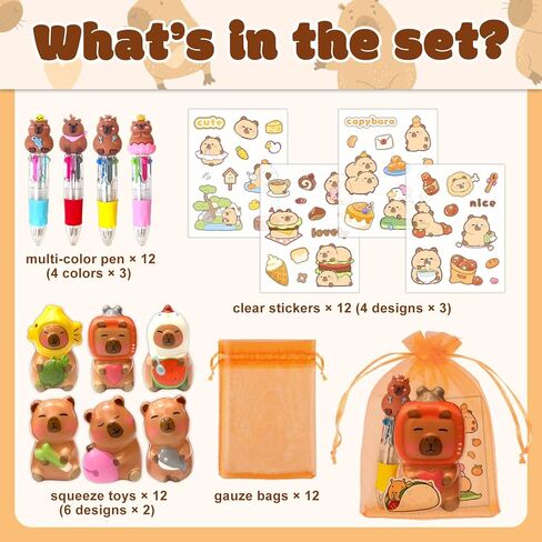 Capybara Party Favor Gift Set - Included Capybara Squishy Toys 4-in-1 Ballpoint Pen Stickers and Organza Bag, Capybara Birthday Party Goodie Bag Fillers for Kids (24) in Saudi Arabia