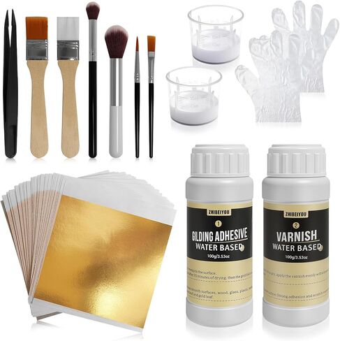 Gold Leaf Gilding Adhesive Kit, Gold Leaf Sheets 100 pcs, 3.53oz Water Based Glue and Varnish, 6 Brushes, for Furniture, Craft, Painting and Arts, All-in-One Gold Foil Set in Saudi Arabia
